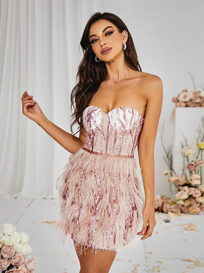 Strapless Sweetheart Velvet Sequin Wave Ostrich Feather Trim Mini Dress