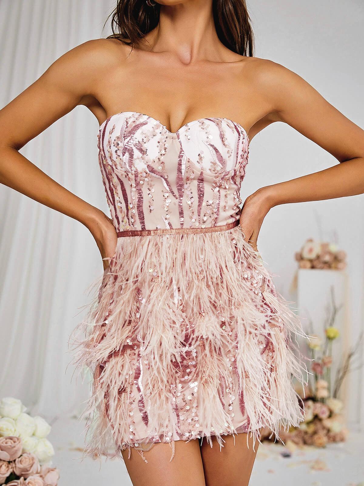 Strapless Sweetheart Velvet Sequin Wave Ostrich Feather Trim Mini Dress