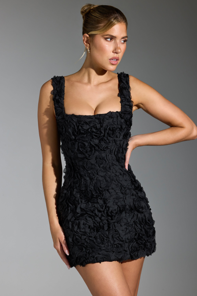 3D Floral Applique Square Neck Wide Strap Bodycon Mini Dress