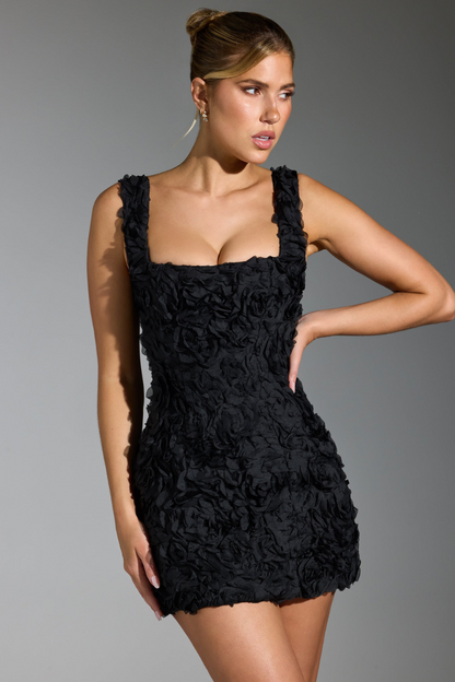 3D Floral Applique Square Neck Wide Strap Bodycon Mini Dress