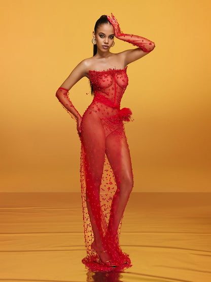 Strapless Pearl Mesh Overlay Column Maxi Dress