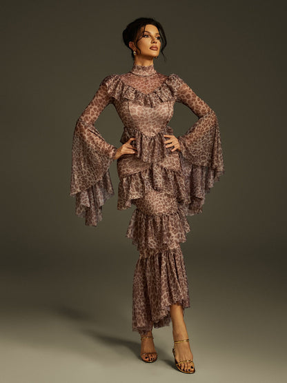 Bell Sleeve Print Smocked Waist Midi Dress