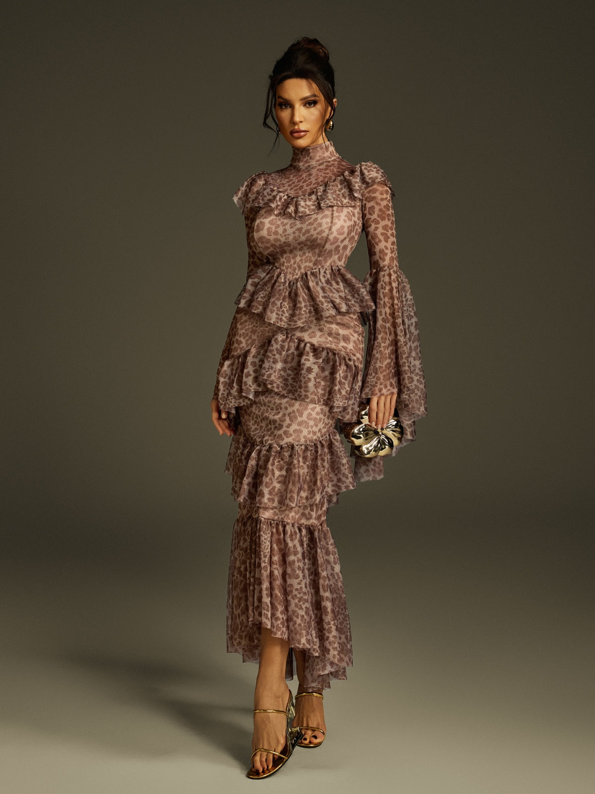 Bell Sleeve Print Smocked Waist Midi Dress