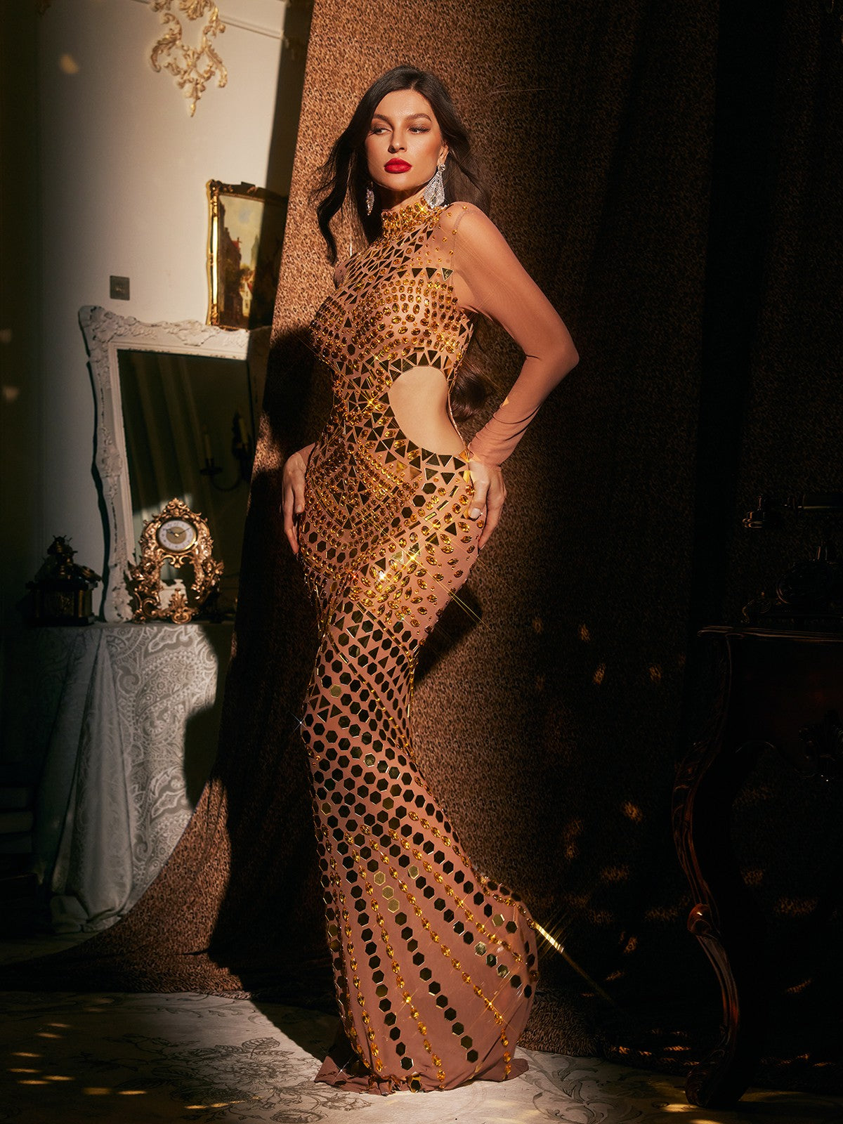 Spaghetti Strap Cutout Rhinestone Mesh Overlay Column Maxi Dress