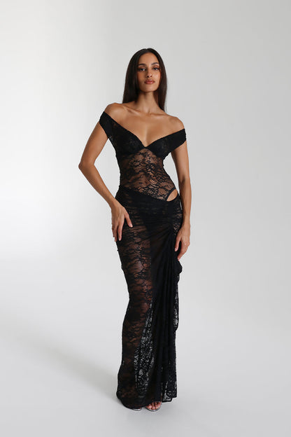 Sweetheart Corset Off Shoulder Sheer Floral Lace Ruched Front Maxi Dress