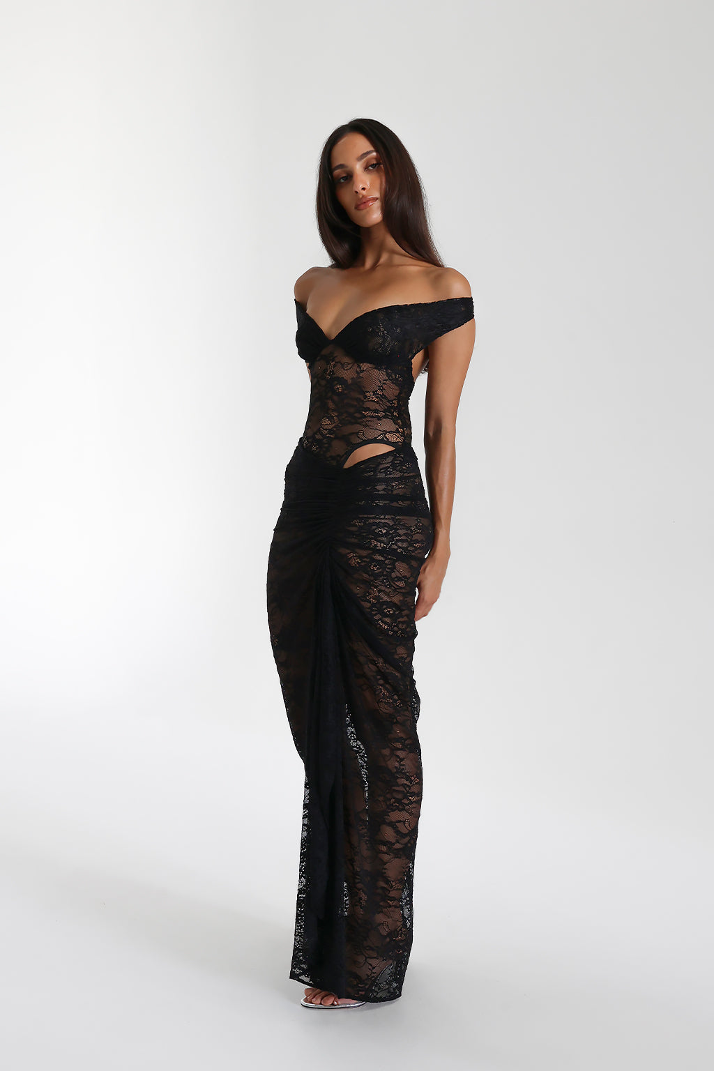 Sweetheart Corset Off Shoulder Sheer Floral Lace Ruched Front Maxi Dress