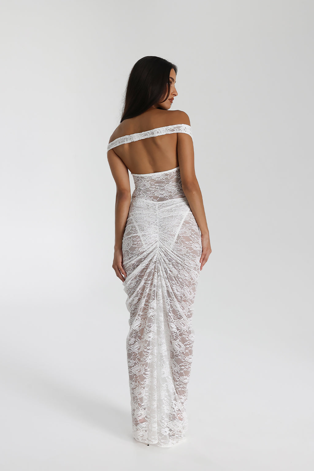 Sweetheart Corset Off Shoulder Sheer Floral Lace Ruched Front Maxi Dress