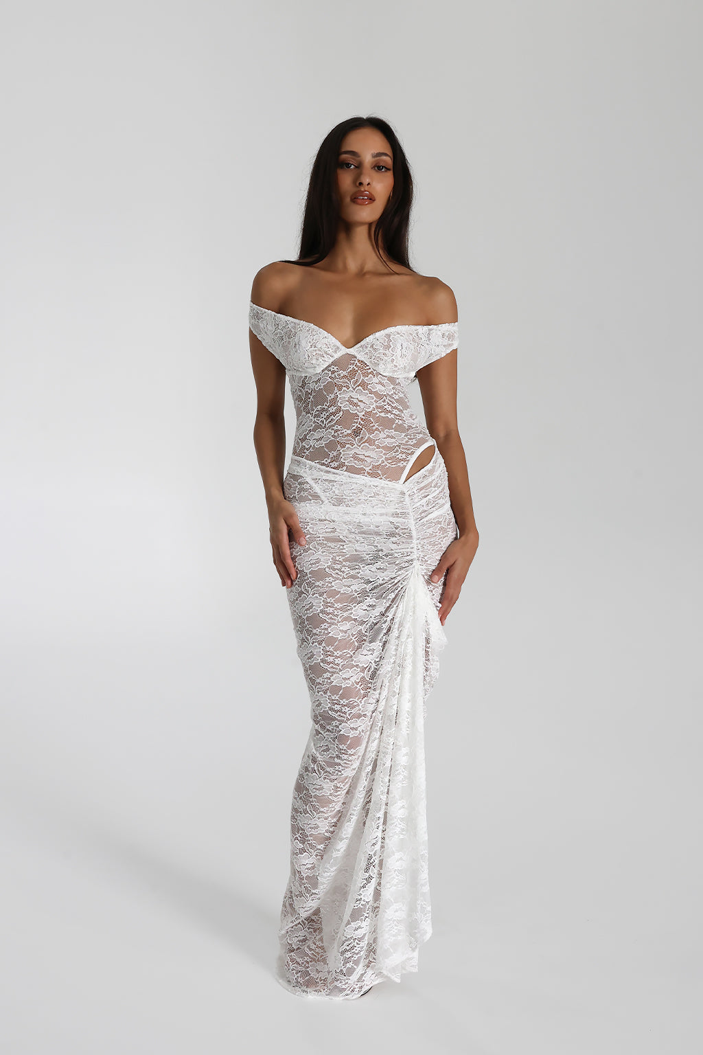 Sweetheart Corset Off Shoulder Sheer Floral Lace Ruched Front Maxi Dress