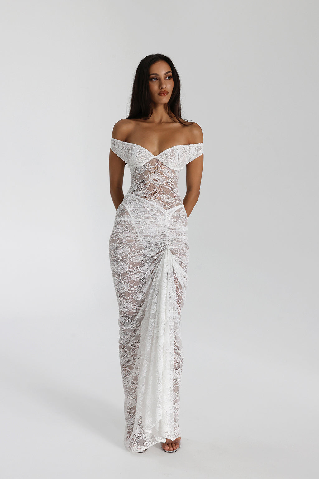Sweetheart Corset Off Shoulder Sheer Floral Lace Ruched Front Maxi Dress