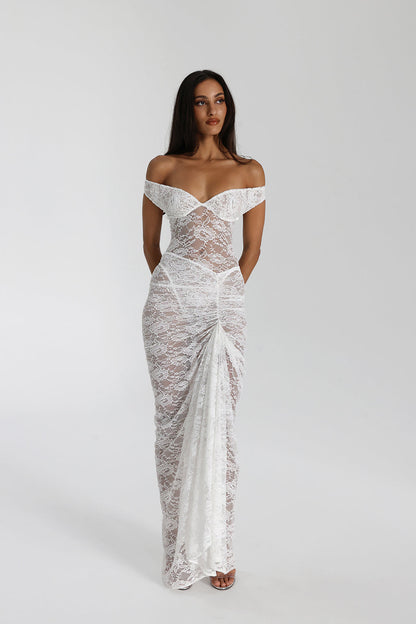 Sweetheart Corset Off Shoulder Sheer Floral Lace Ruched Front Maxi Dress