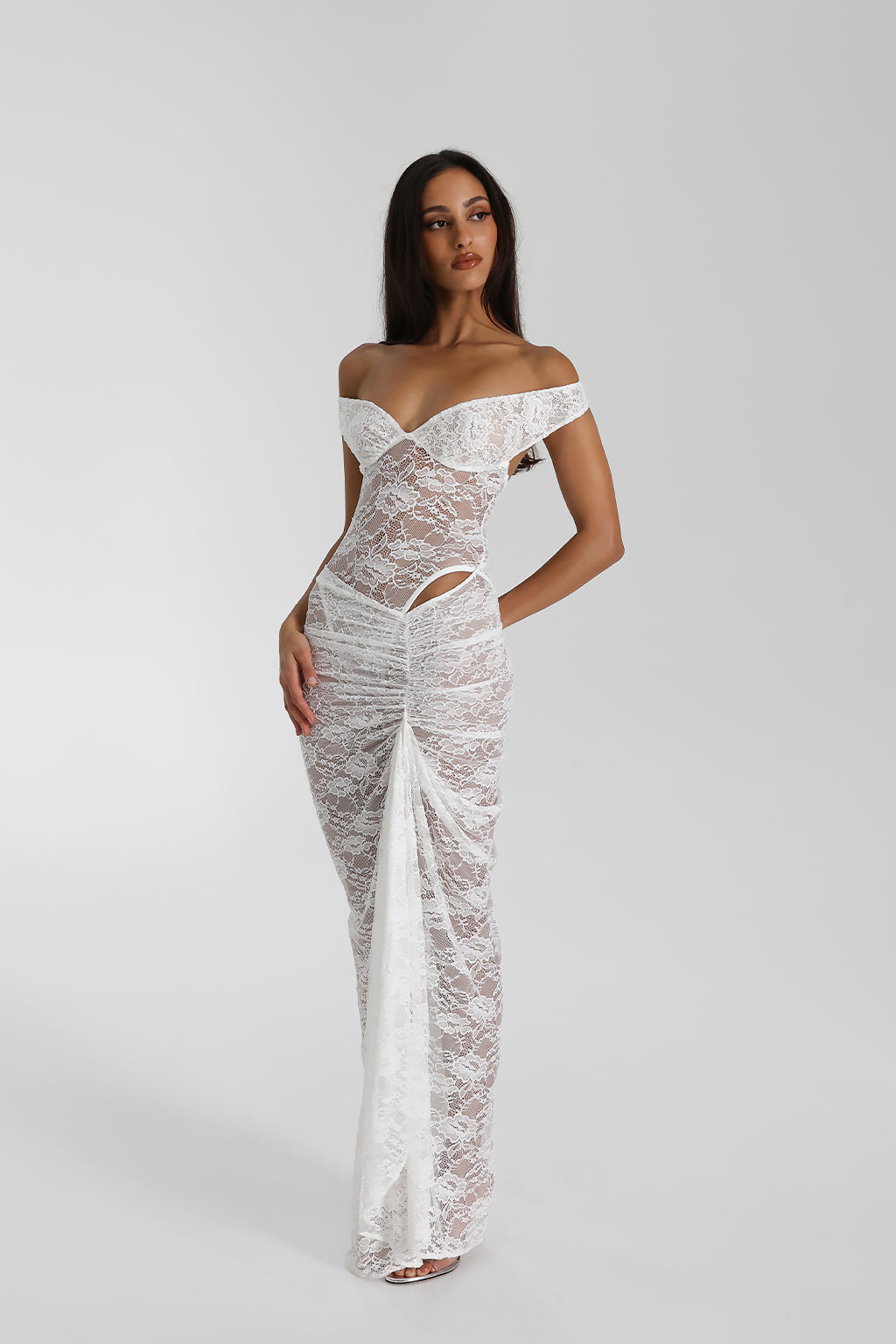 Sweetheart Corset Off Shoulder Sheer Floral Lace Ruched Front Maxi Dress