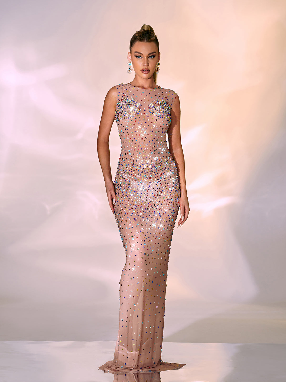 Crystal Embellished Crew Neck Sleeveless Sheer Mesh Bodycon Maxi Gown