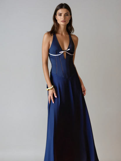 Halter Neck Bow Corset Lace Up Back Satin Column Maxi Dress