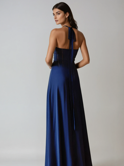 Halter Neck Bow Corset Lace Up Back Satin Column Maxi Dress