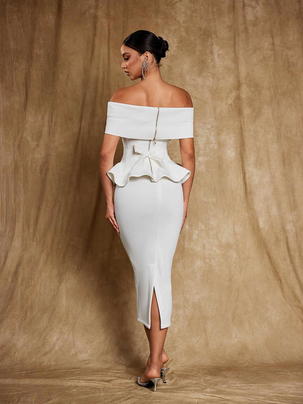 Off Shoulder Foldover Band Peplum Ruffle Waist Pencil Midi Dress