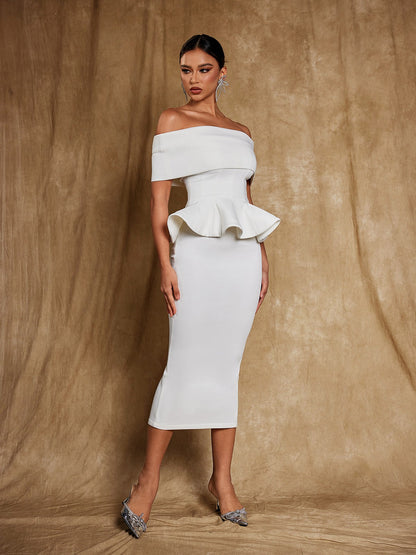 Off Shoulder Foldover Band Peplum Ruffle Waist Pencil Midi Dress