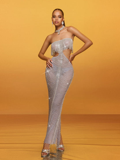 Strapless Beaded Fringe Band Cutout Waist Column Maxi Dress