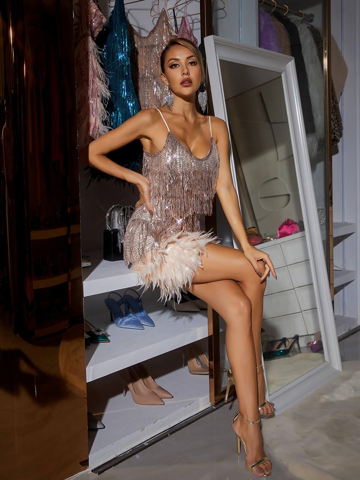 V Neck Tiered Fringe Sequin Feather Hem Mini Dress