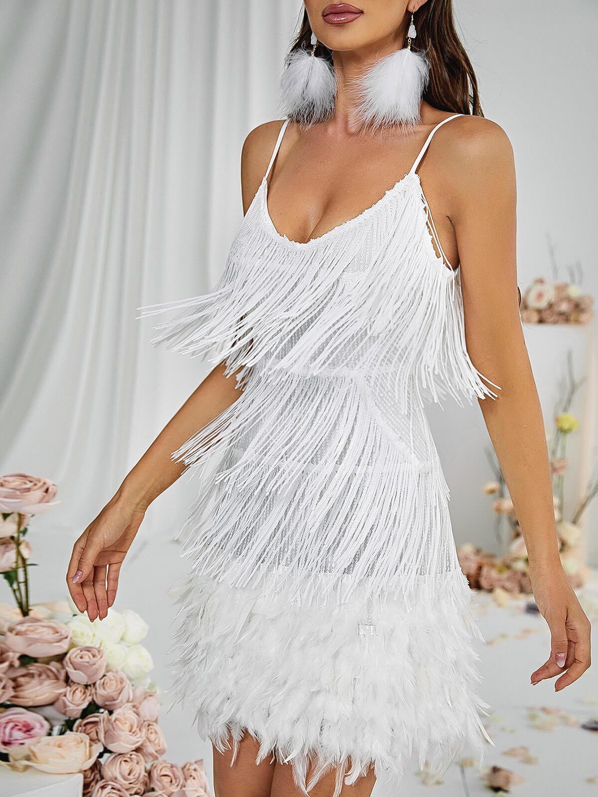 Deep V Tiered Fringe Feather Hem Mini Dress