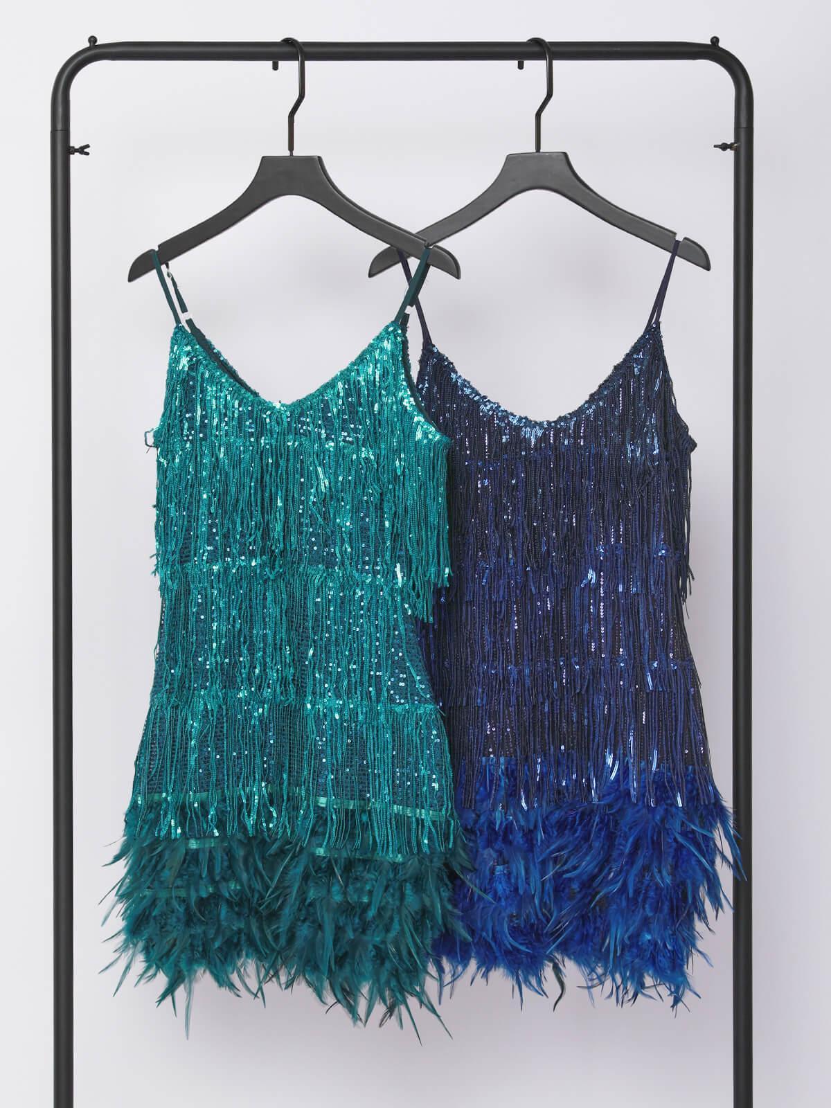 Spaghetti Strap Tiered Sequin Fringe Feather Hem Mini Dress