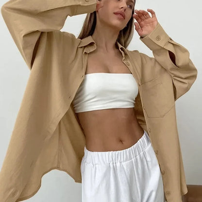 Solid Loose Cotton Blouse Elegant Autumn Blouse