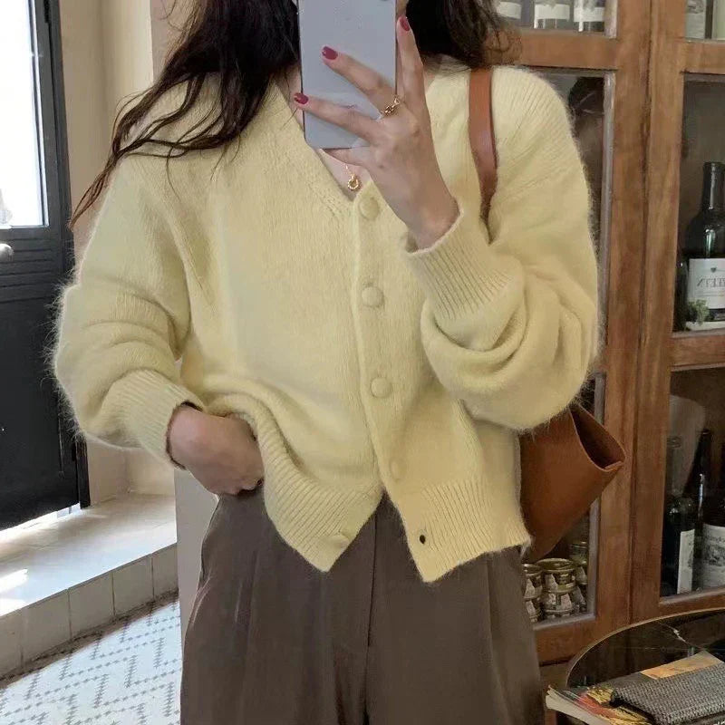 Green V-Neck Long Sleeve Single Breasted Knit Cardigan