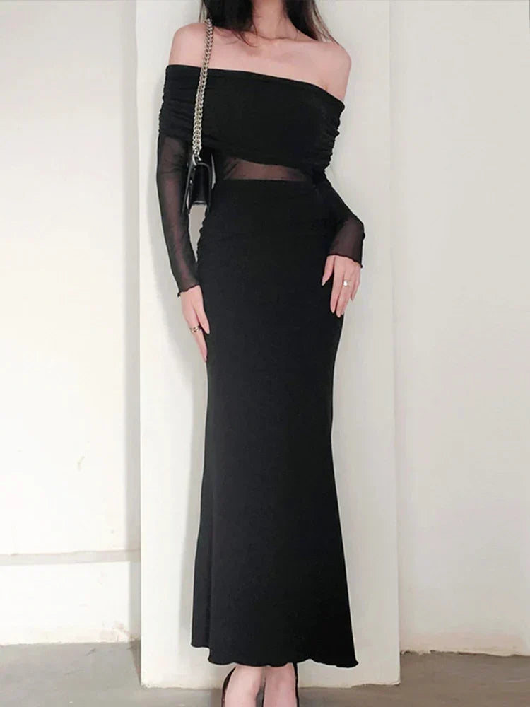 Autumn Sexy Strapless Black Lace Patchwork Long Streetwear Club Long Bodycon Dress