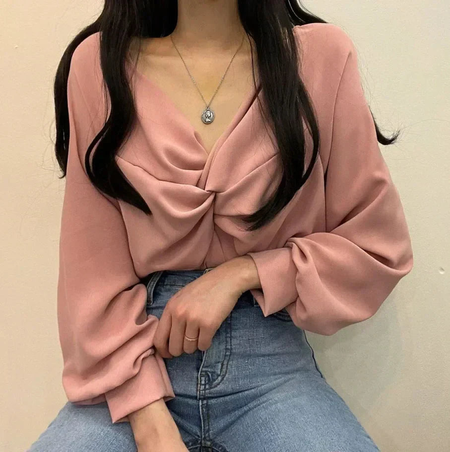 V-neck Twisted Lantern Sleeve Solid Casual Blouse
