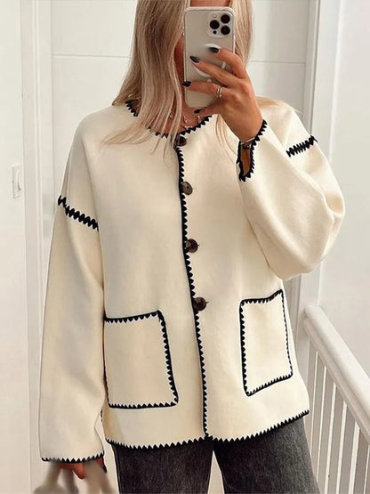 Contrast O Neck Loose Elegant Long Sleeves Winter New Stylish Fashionable Coat
