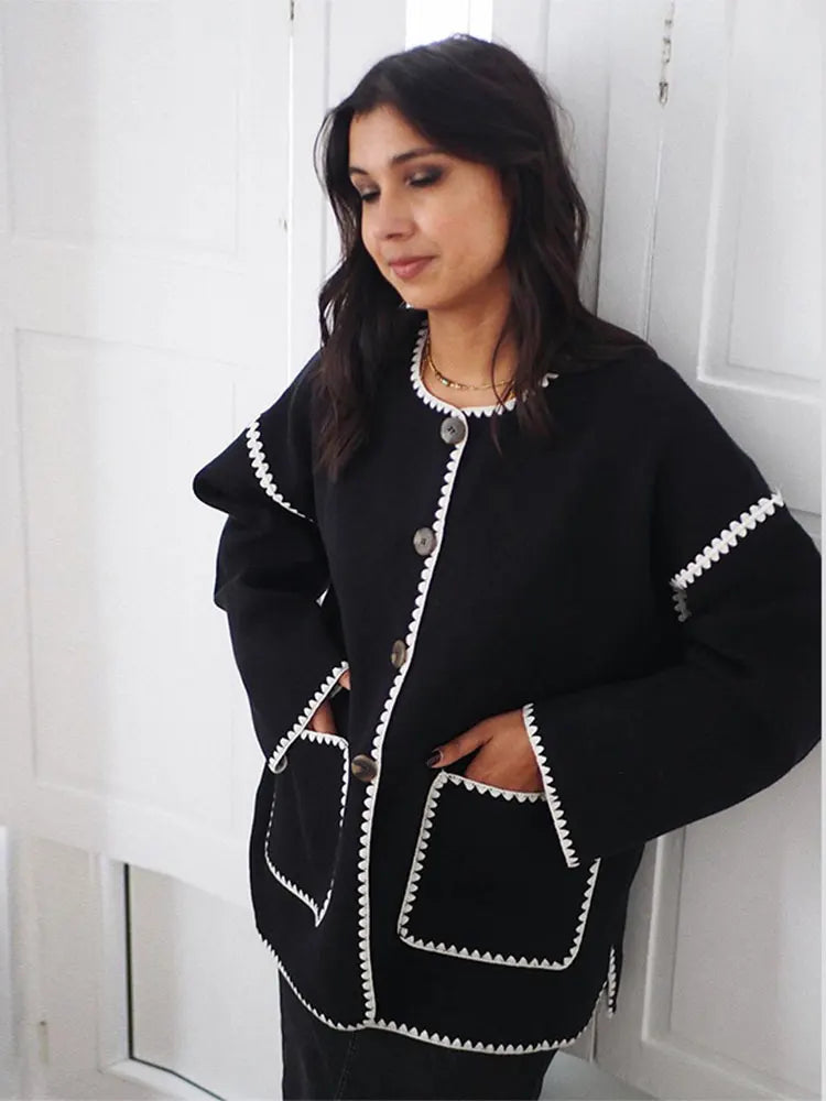 Contrast O Neck Loose Elegant Long Sleeves Winter New Stylish Fashionable Coat