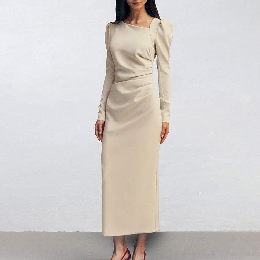 Asymmetric Collar Puff Sleeve Front Slit Maxi Dress
