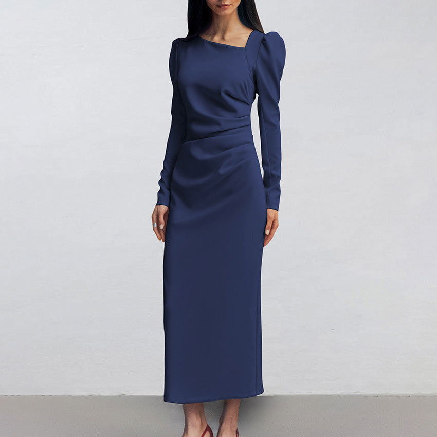 Asymmetric Collar Puff Sleeve Front Slit Maxi Dress