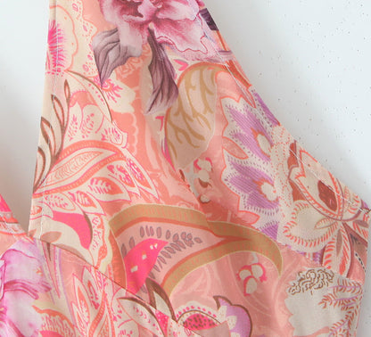 Halter Deep V Neck Floral Paisley Print A-Line Midi Dress
