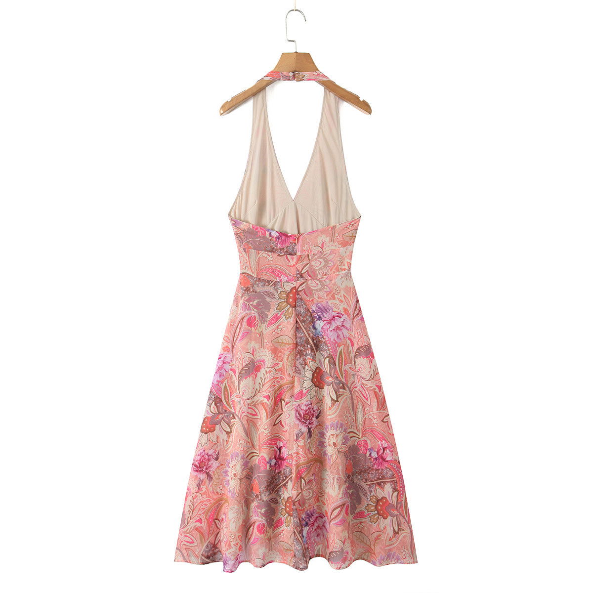 Halter Deep V Neck Floral Paisley Print A-Line Midi Dress