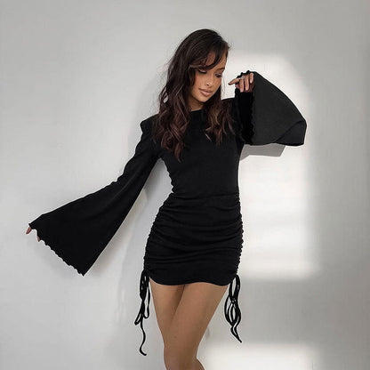 Ribbed Knit Flared Sleeve Side Lace Up Ruched Mini Dress