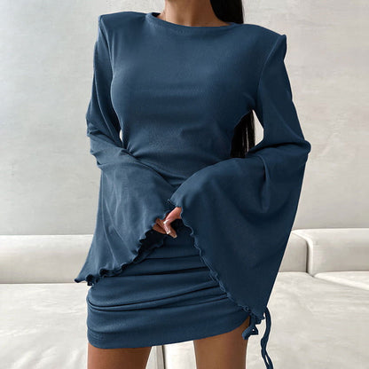 Ribbed Knit Flared Sleeve Side Lace Up Ruched Mini Dress