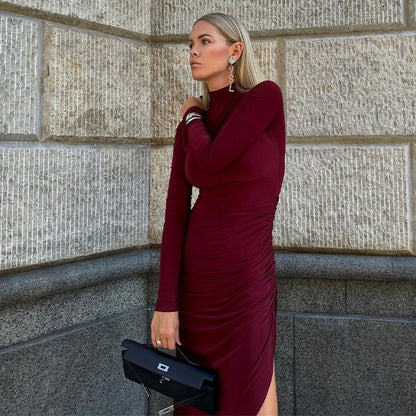 Mock Neck Long Sleeve Ruched Side Slit Bodycon Maxi Dress