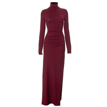 Mock Neck Long Sleeve Ruched Side Slit Bodycon Maxi Dress