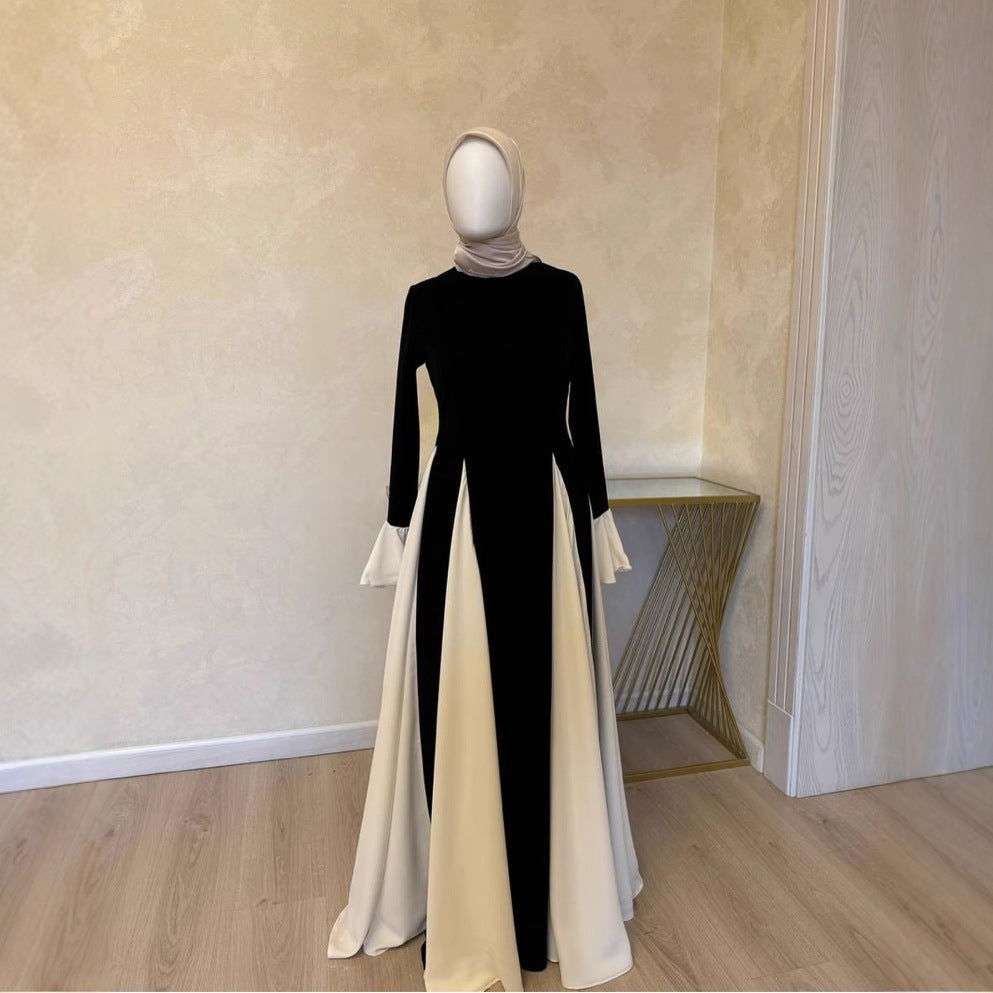 High Neck Contrast Bell Sleeve Godet Panel Maxi Gown