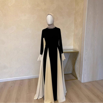 High Neck Contrast Bell Sleeve Godet Panel Maxi Gown
