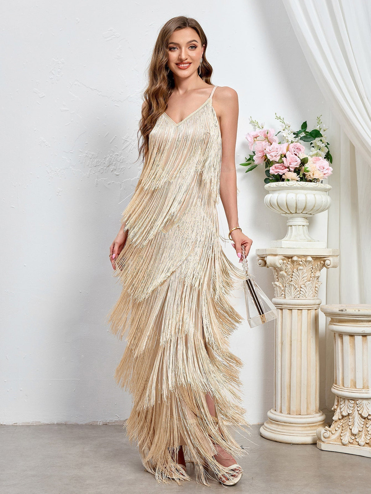 Tie-Shoulder Tiered Fringe Tassel V-Neck Maxi Dress