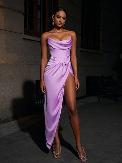 Strapless Cowl Neck Corset Ruched Drape High Slit Maxi Gown
