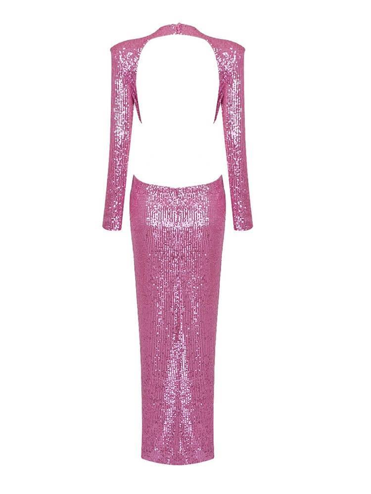 Round Neck Long Sleeve Waist Cutout Rosette Sequin Bodycon Maxi Dress