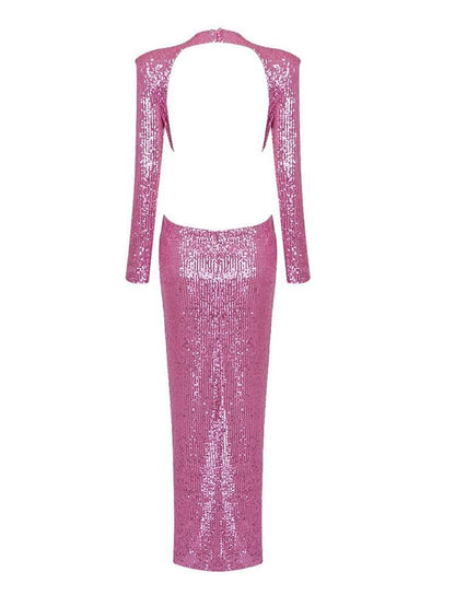 Round Neck Long Sleeve Waist Cutout Rosette Sequin Bodycon Maxi Dress