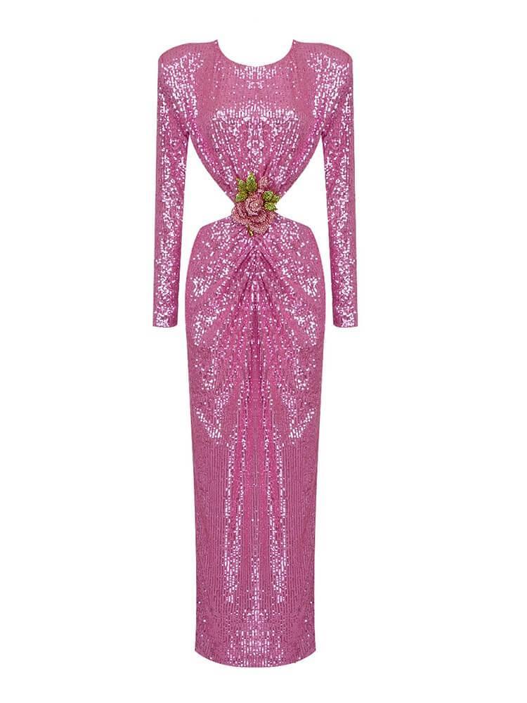 Round Neck Long Sleeve Waist Cutout Rosette Sequin Bodycon Maxi Dress