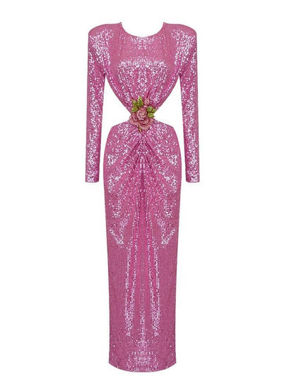 Round Neck Long Sleeve Waist Cutout Rosette Sequin Bodycon Maxi Dress