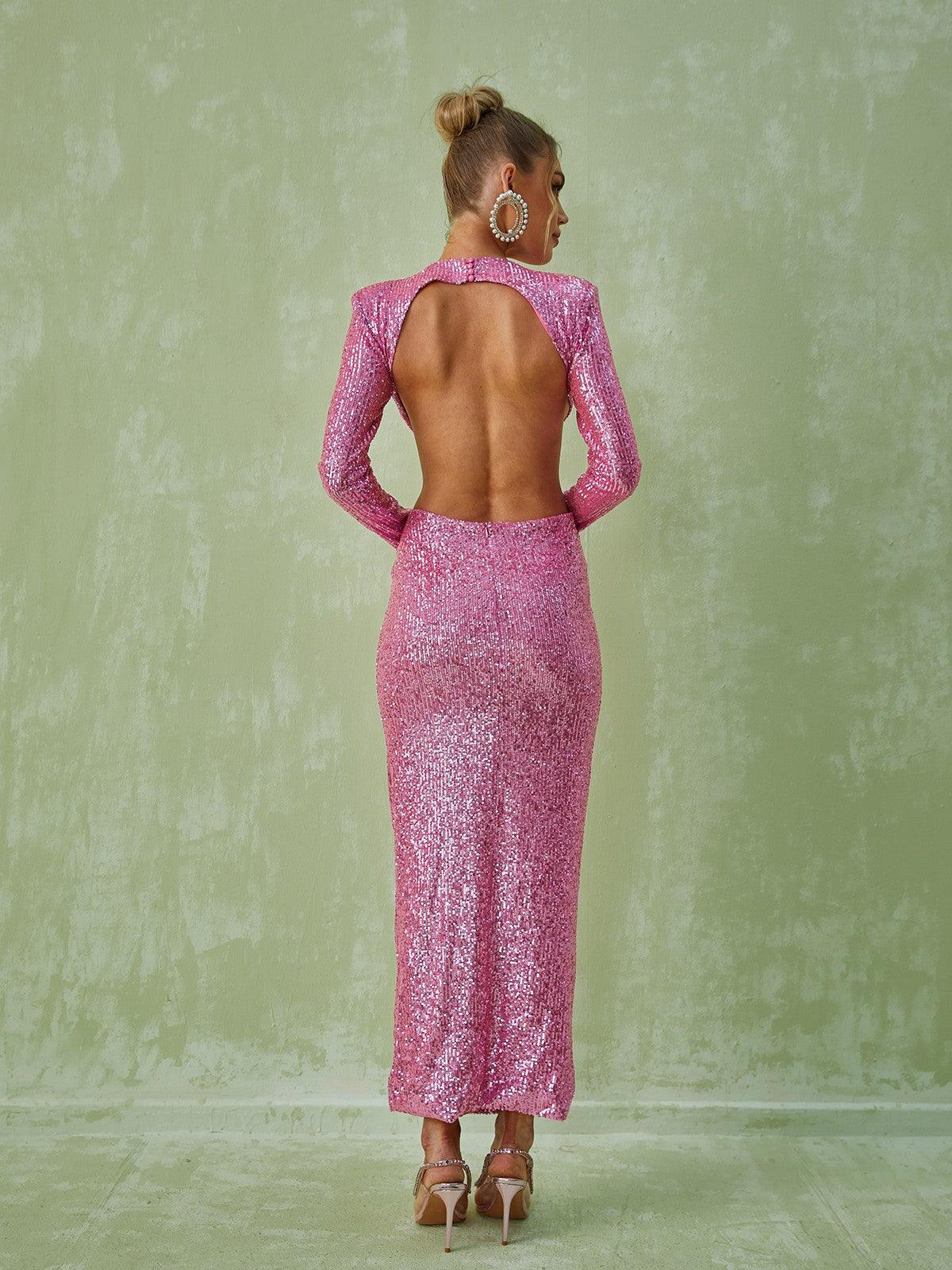 Round Neck Long Sleeve Waist Cutout Rosette Sequin Bodycon Maxi Dress