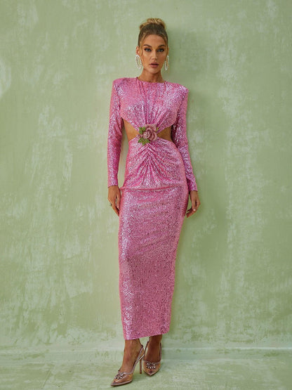 Round Neck Long Sleeve Waist Cutout Rosette Sequin Bodycon Maxi Dress