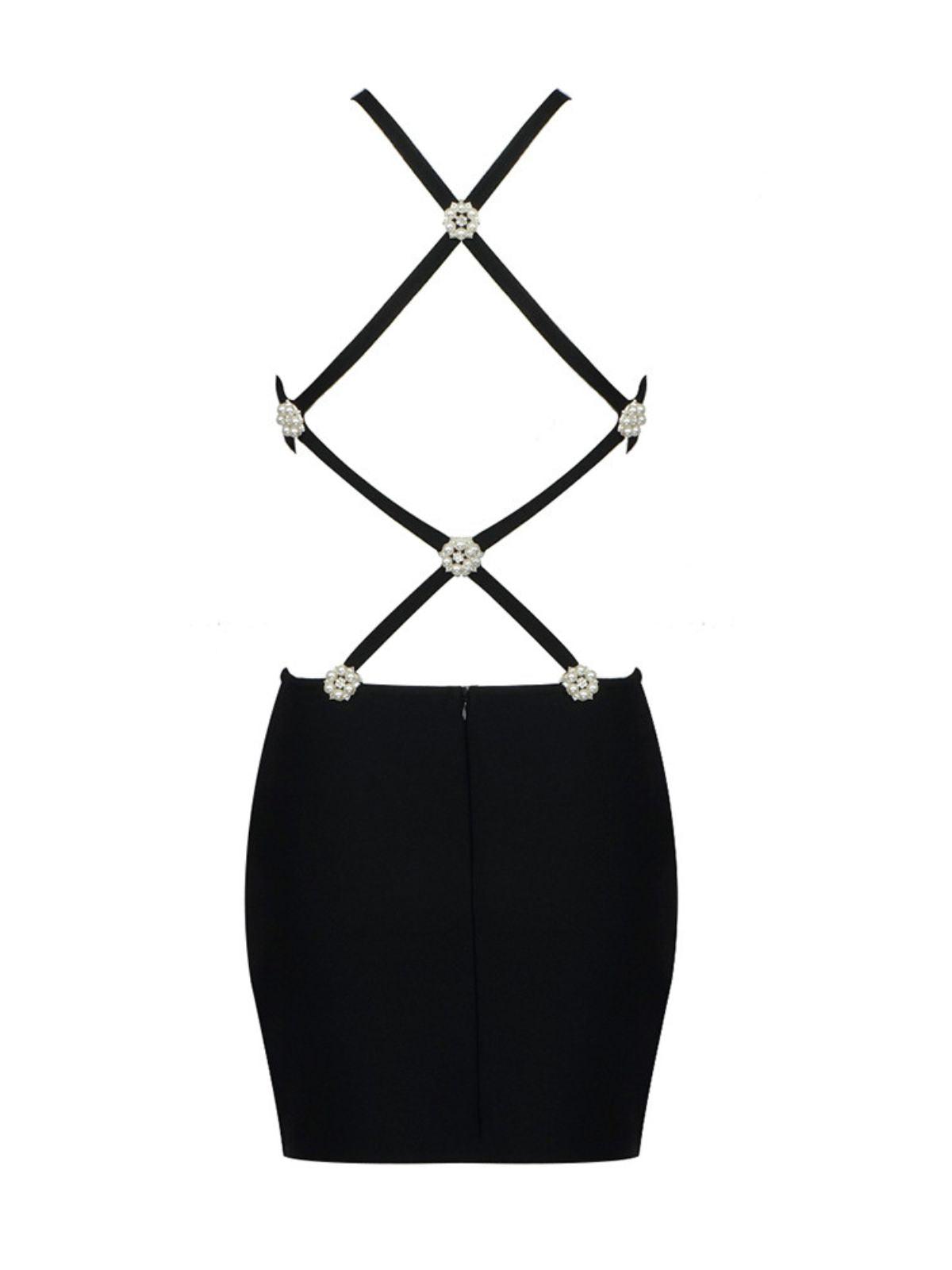 Open Back Criss Cross Strap Floral Accent Bandage Mini Dress