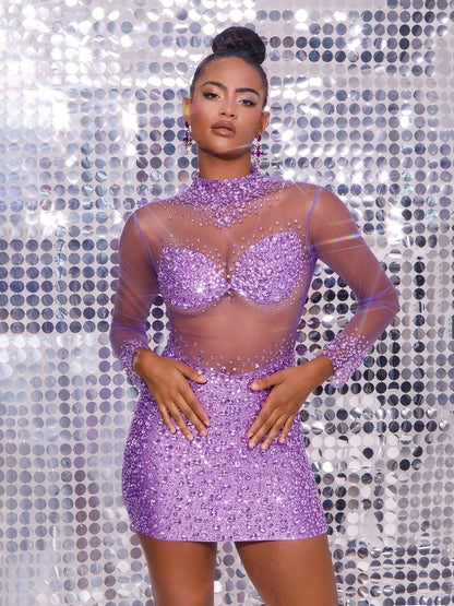 Strapless Mesh Crystal Applique Bandage Mini Dress